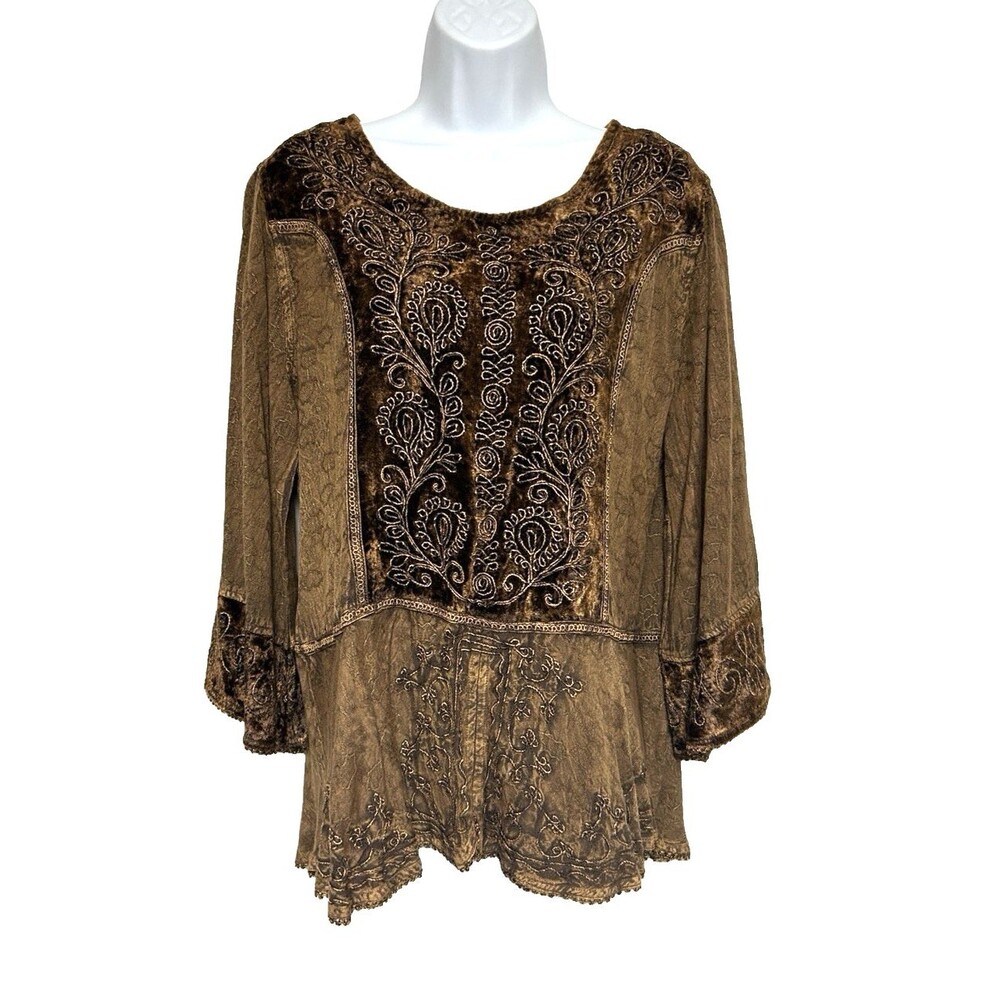 Parsley & Sage Brown Velvet Embroidered Tunic Top Boho Fairy Whimsigoth Women M